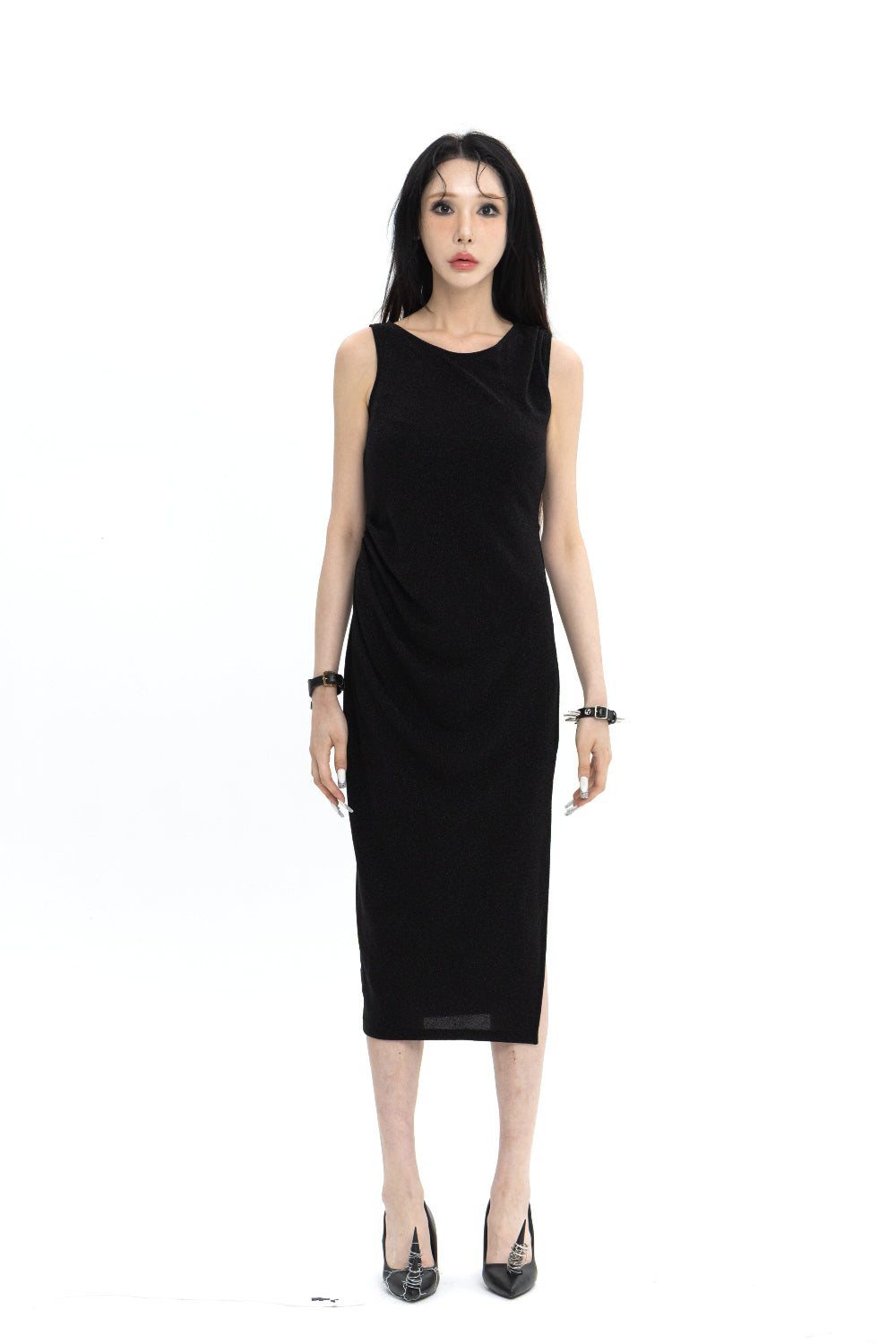 LONG PEARL DRAPE DRESS BLACK 롱 펄 드레이프 드레스 블랙