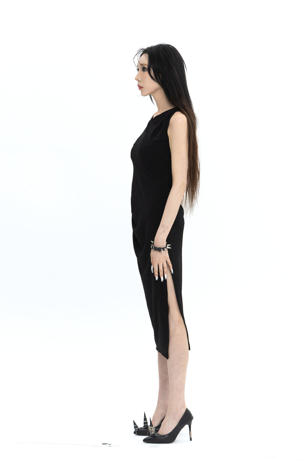 LONG PEARL DRAPE DRESS BLACK 롱 펄 드레이프 드레스 블랙