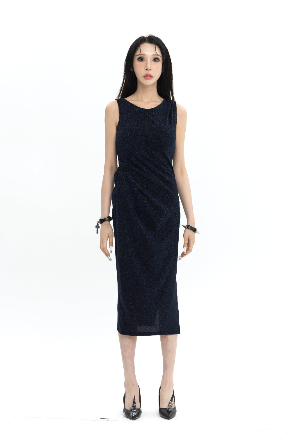LONG PEARL DRAPE DRESS NAVY 롱 펄 드레이프 드레스 네이비
