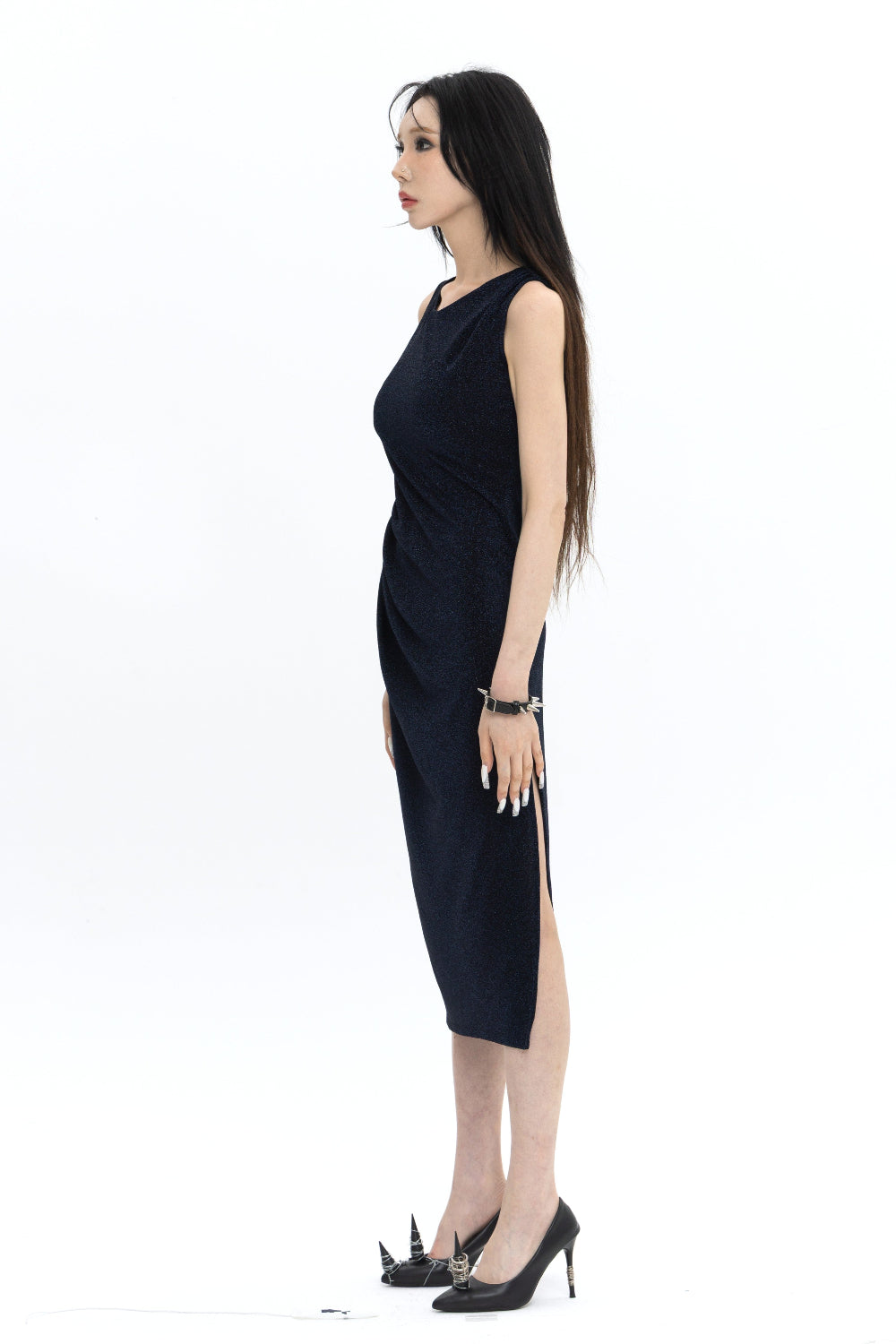 LONG PEARL DRAPE DRESS NAVY 롱 펄 드레이프 드레스 네이비