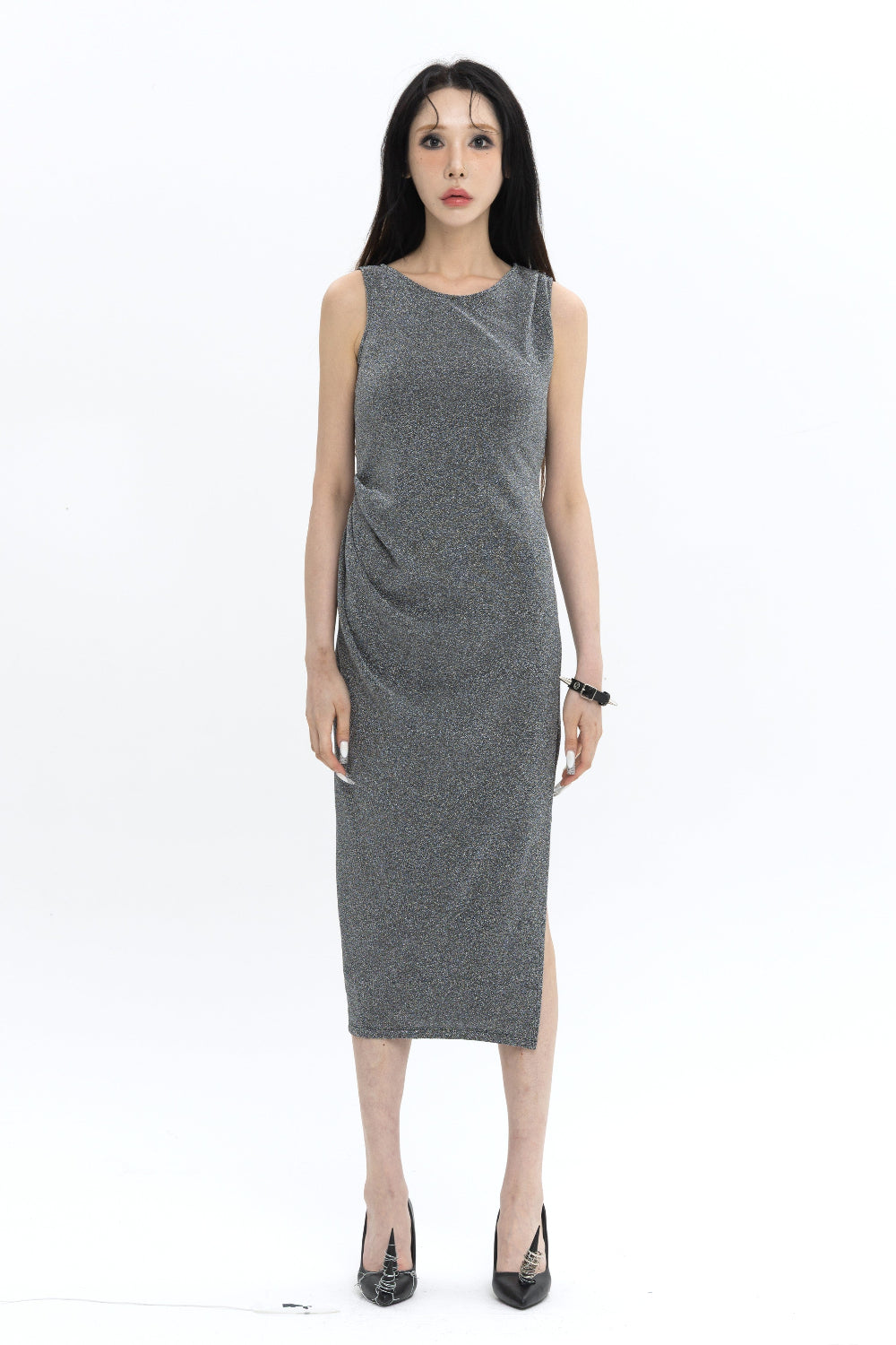 LONG PEARL DRAPE DRESS SILVER 롱 펄 드레이프 드레스 실버