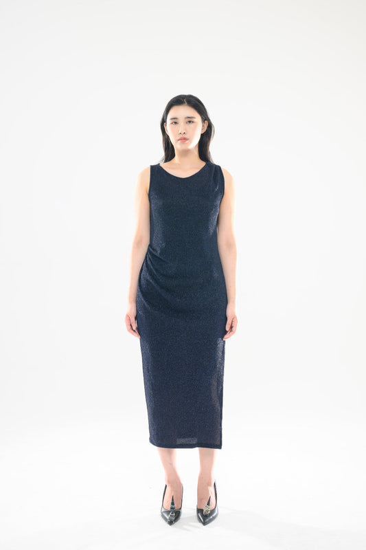 LONG PEARL DRAPE DRESS NAVY 롱 펄 드레이프 드레스 네이비