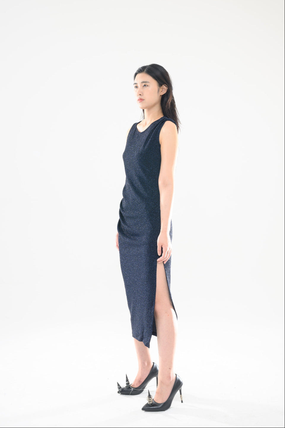 LONG PEARL DRAPE DRESS NAVY 롱 펄 드레이프 드레스 네이비