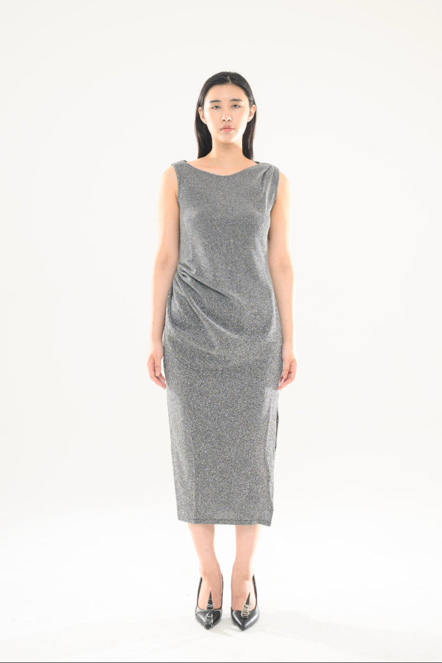 LONG PEARL DRAPE DRESS SILVER 롱 펄 드레이프 드레스 실버