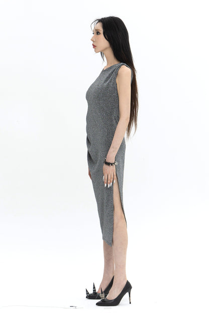 LONG PEARL DRAPE DRESS SILVER 롱 펄 드레이프 드레스 실버