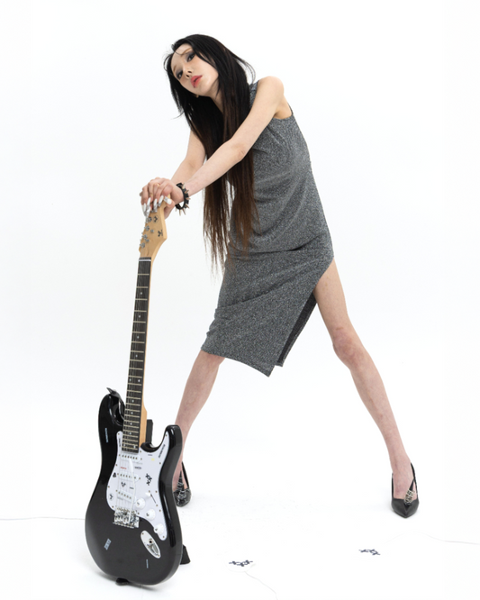 LONG PEARL DRAPE DRESS SILVER 롱 펄 드레이프 드레스 실버