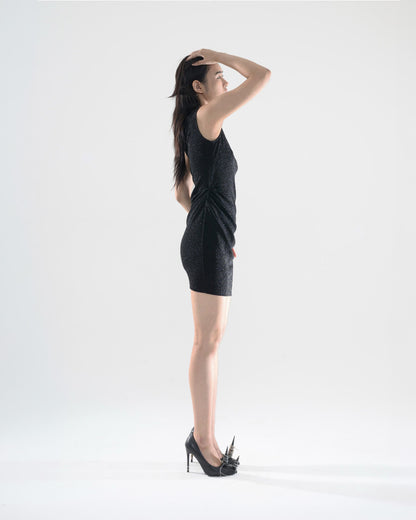 PEARL DRAPE DRESS MINI BLACK