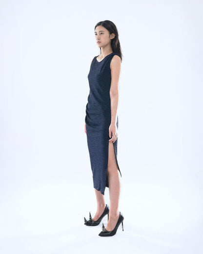 PEARL DRAPE DRESS NAVY