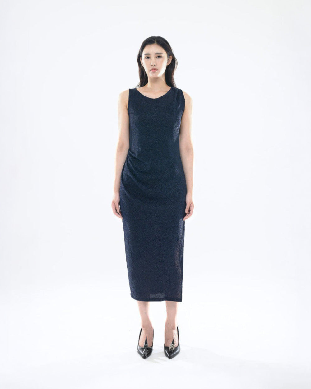 PEARL DRAPE DRESS NAVY