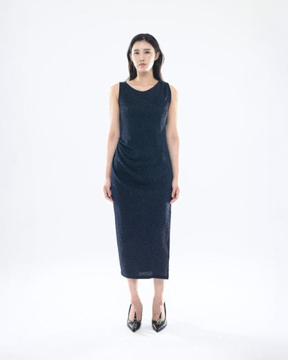 PEARL DRAPE DRESS NAVY