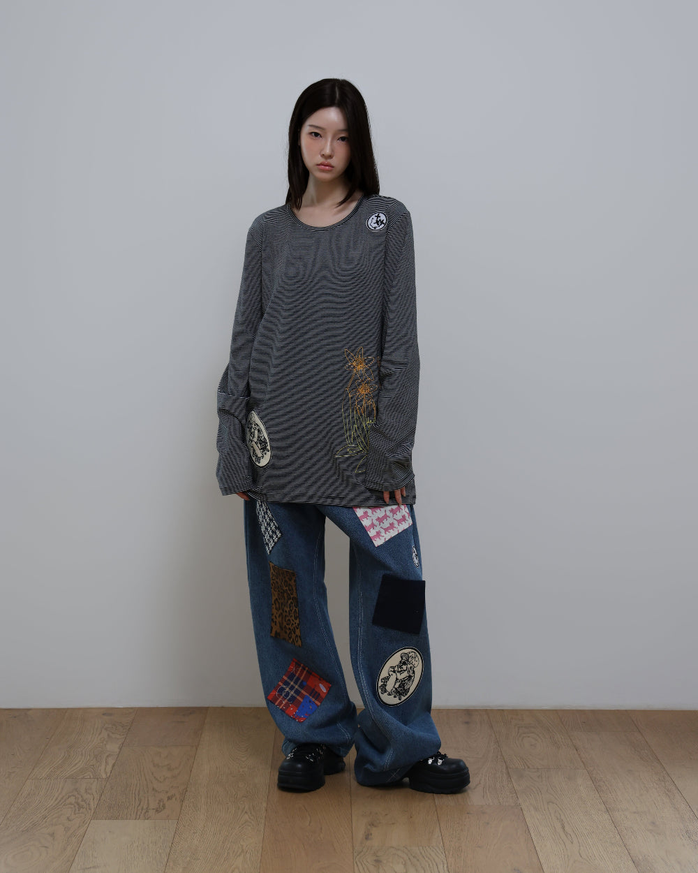 91730 EMBROIDERY LONG SLEEVE T-SHIRT 91730 자수 롱 슬리브 티셔츠