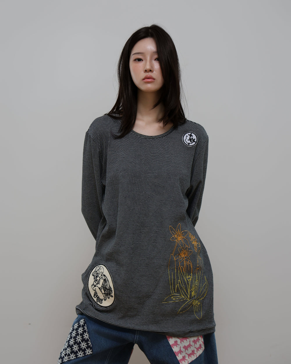 91730 EMBROIDERY LONG SLEEVE T-SHIRT 91730 자수 롱 슬리브 티셔츠