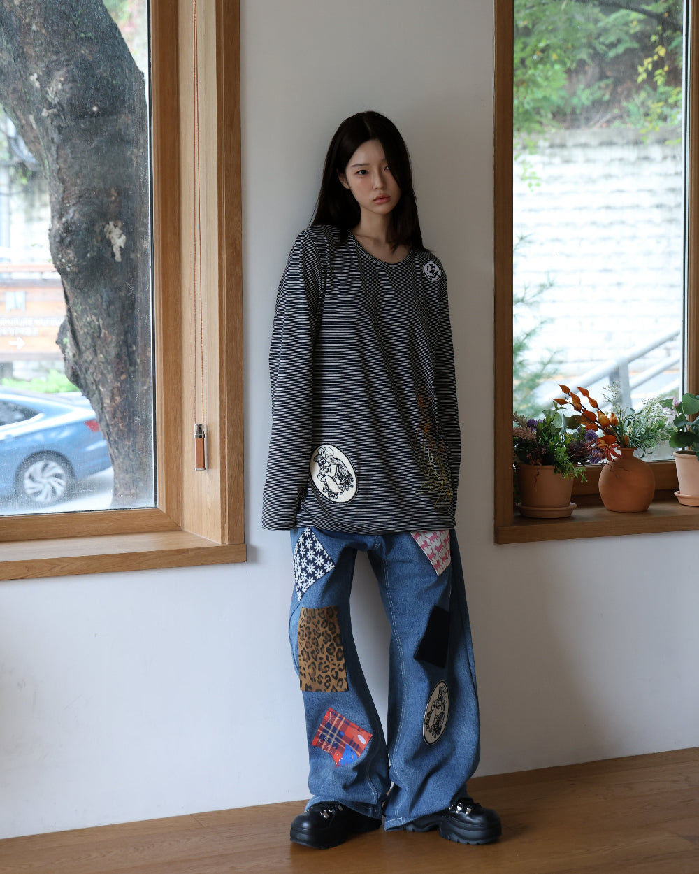 91730 EMBROIDERY LONG SLEEVE T-SHIRT 91730 자수 롱 슬리브 티셔츠