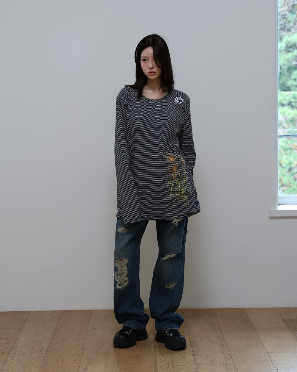 91730 EMBROIDERY LONG SLEEVE T-SHIRT 91730 자수 롱 슬리브 티셔츠