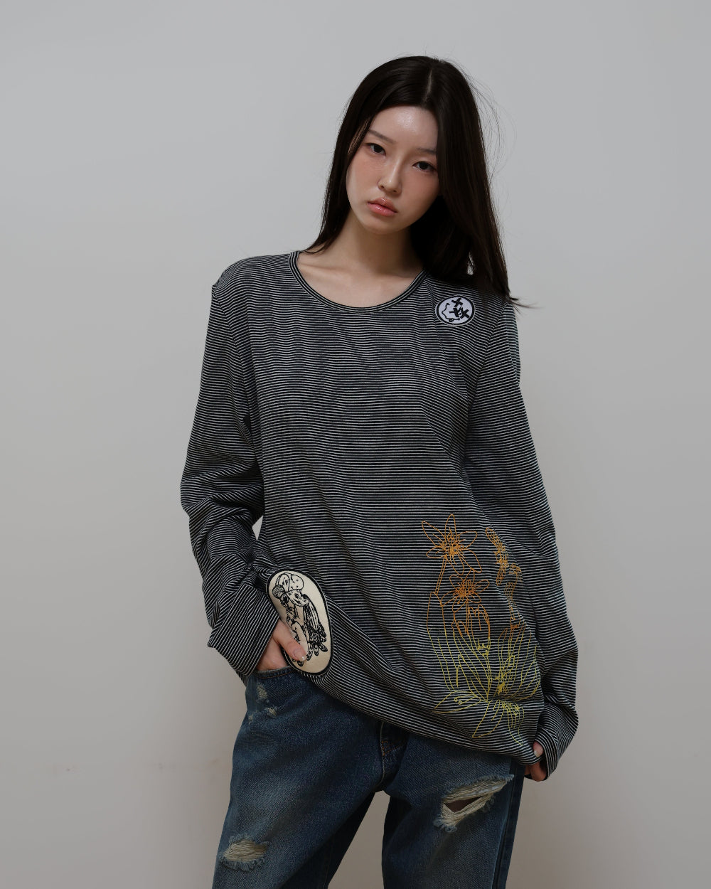 91730 EMBROIDERY LONG SLEEVE T-SHIRT 91730 자수 롱 슬리브 티셔츠