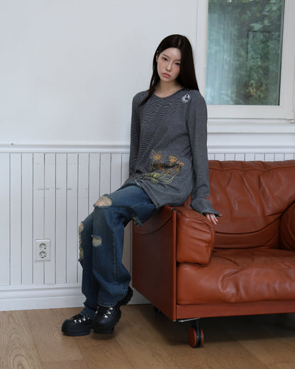 91730 EMBROIDERY LONG SLEEVE T-SHIRT 91730 자수 롱 슬리브 티셔츠