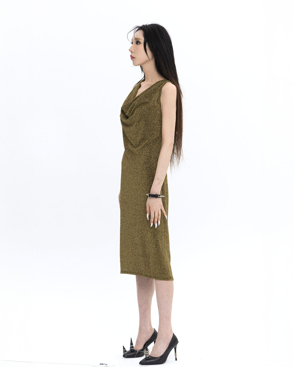 [LIMITED] V NECK PEARL DRAPE DRESS 브이넥 펄 드레이프 드레스
