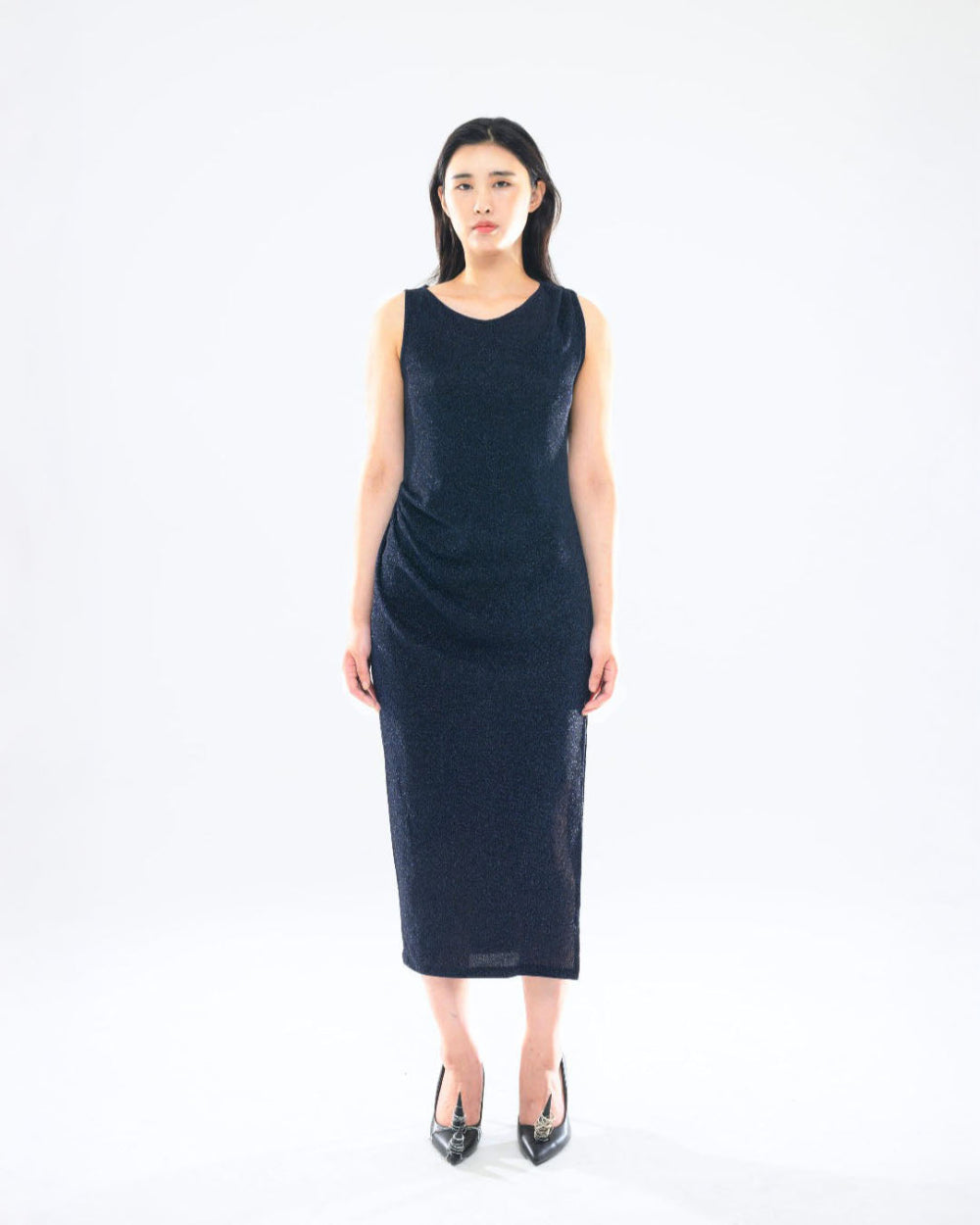 펄 드레이프 드레스 네이비