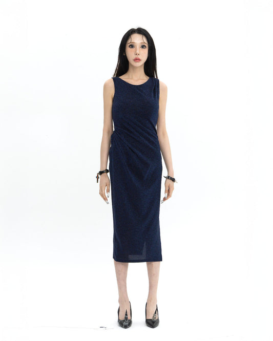 PEARL DRAPE DRESS NAVY